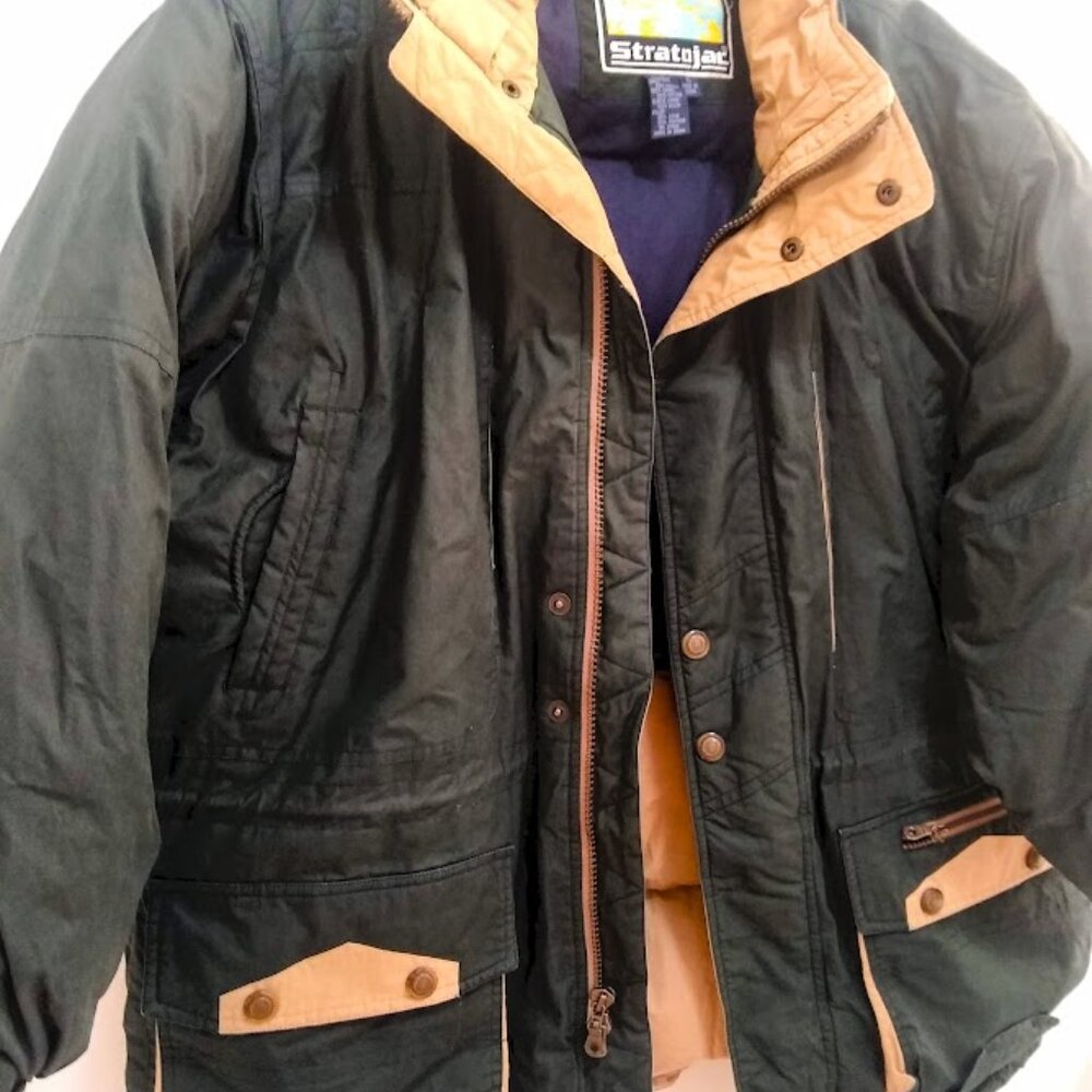 NWOT Vintage Men's XL STRATOJAC Down Cargo jacket forest green + tan accents